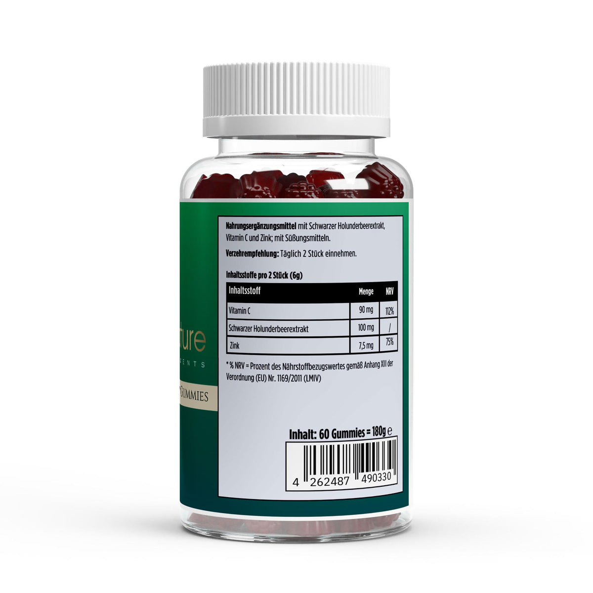 Berry Defense Elderberry Gummies Waldbeere – Rückseite der Verpackung mit Nährstofftabelle