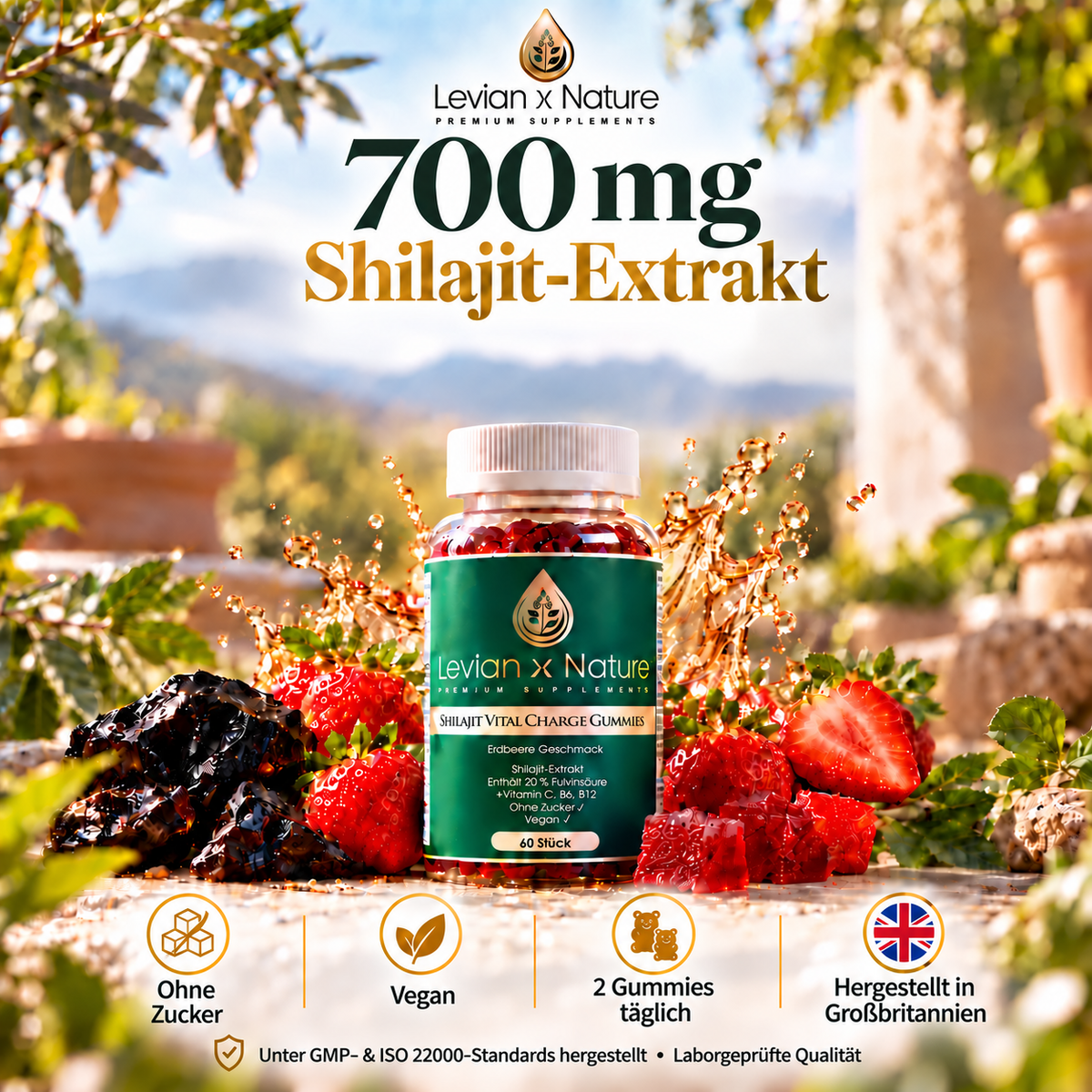 Shilajit Vital Charge Gummies Erdbeere – Gummies-Dose mit Früchten in einer Landschaft