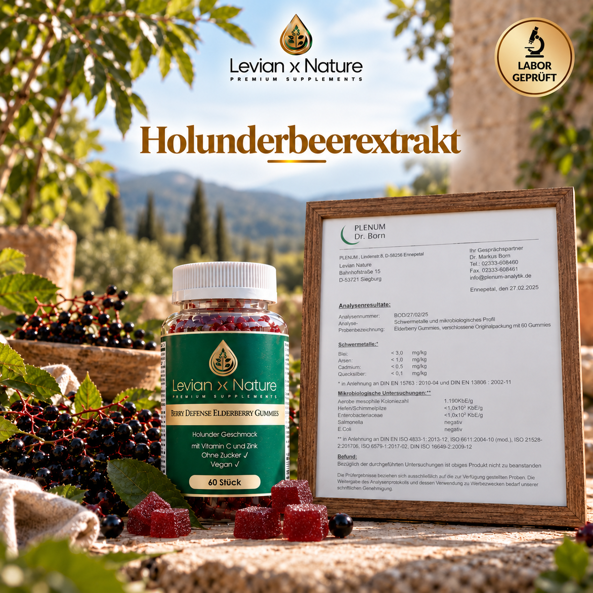 Berry Defense Elderberry Gummies Waldbeere – Gummies-Dose neben einem gerahmten Analysebericht