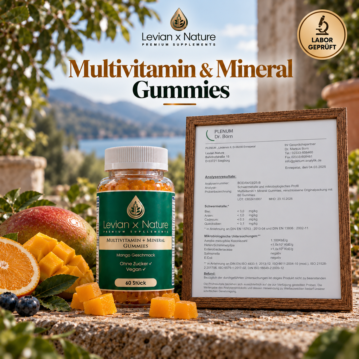 Multivitamin & Mineral Gummies Mango – Gummies-Dose neben einem gerahmten Analysebericht
