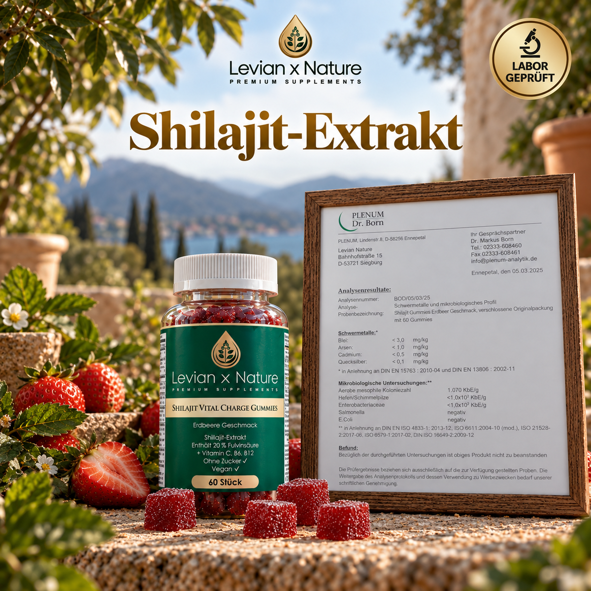 Shilajit Vital Charge Gummies Erdbeere – Gummies-Dose neben einem gerahmten Analysebericht