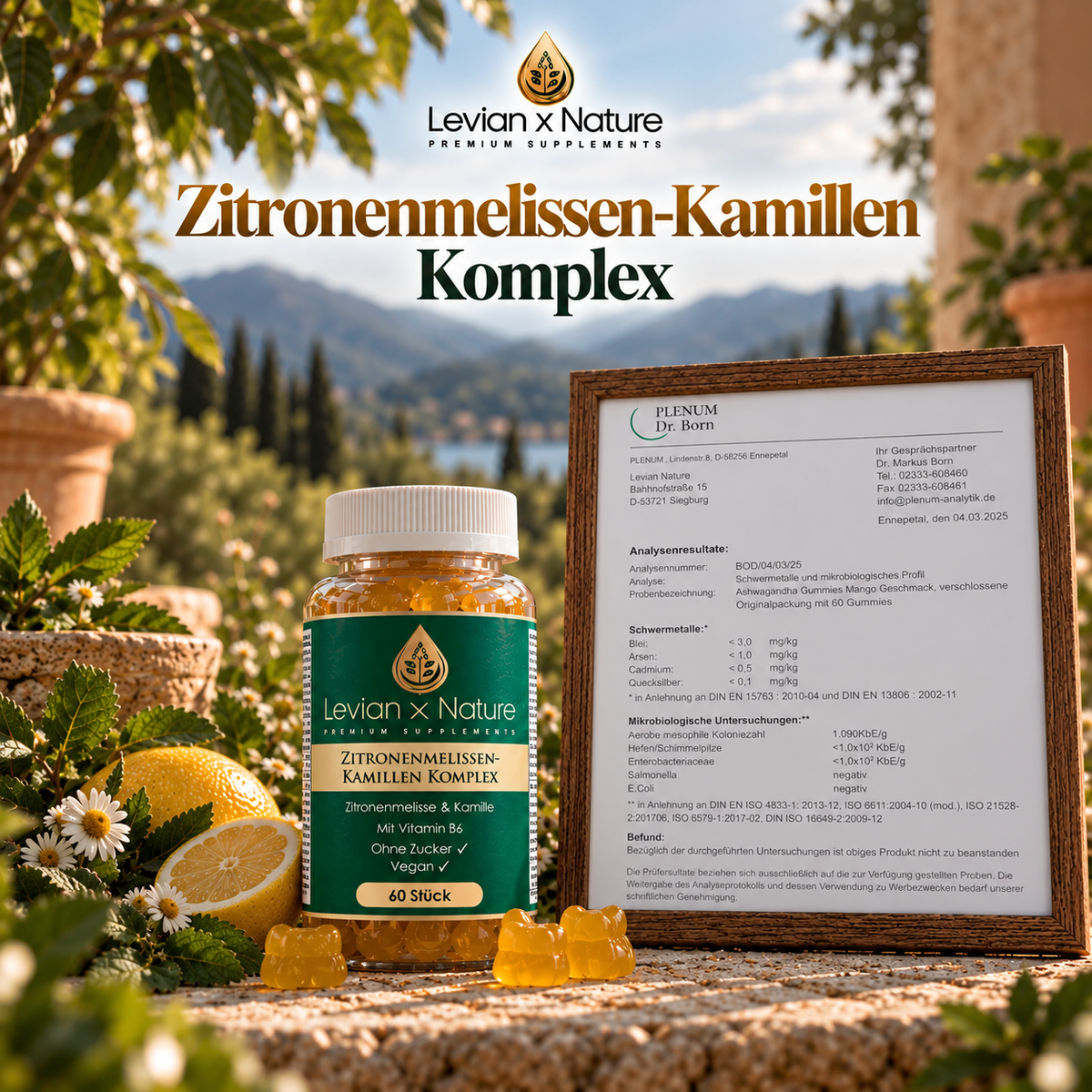 Zitronenmelissen-Kamillen Komplex Gummies Mango – Gummies-Dose neben einem gerahmten Analysebericht