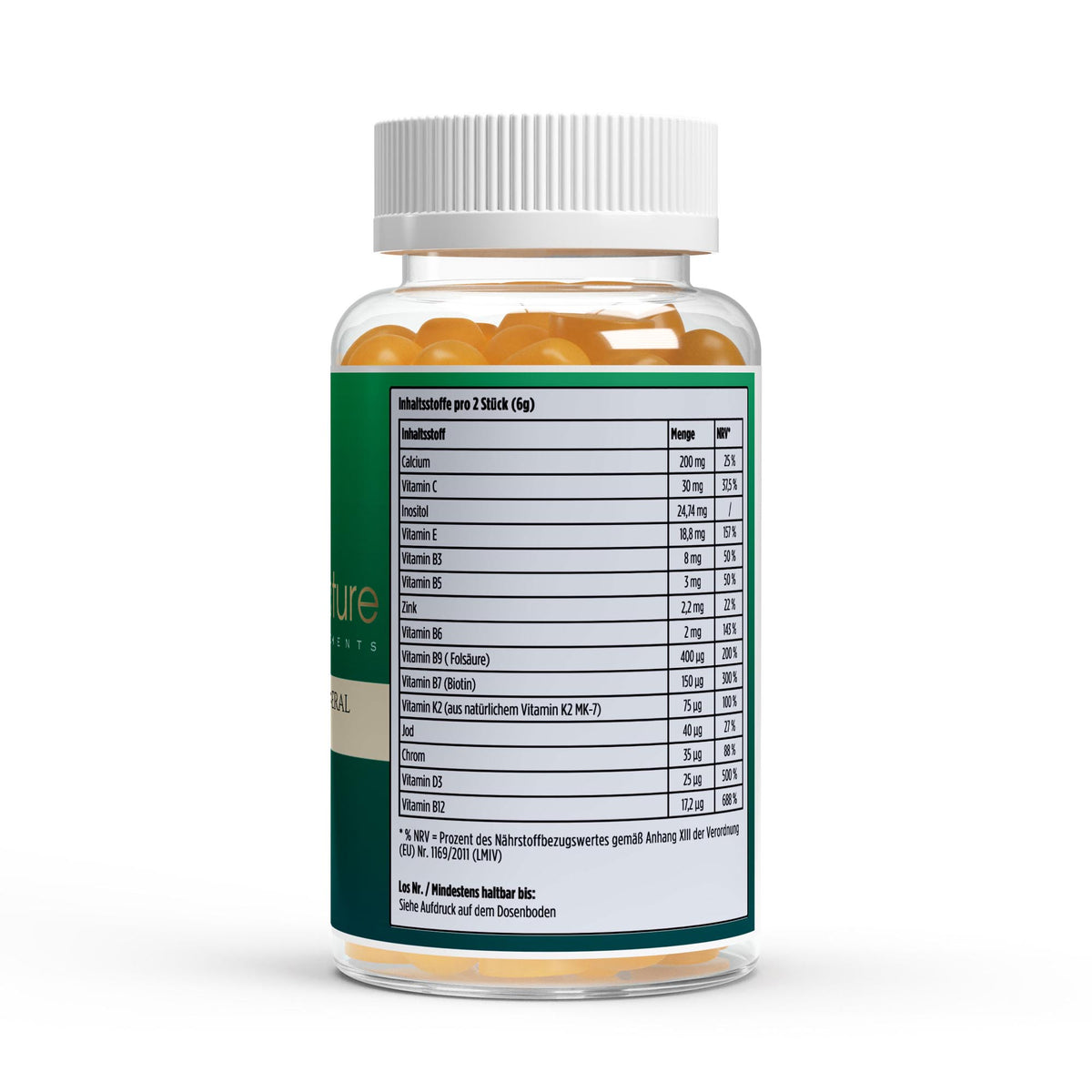 Multivitamin & Mineral Gummies Mango – Rückseite der Verpackung mit Nährstofftabelle
